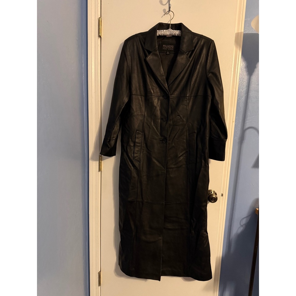 Wilsons Leather Pelle Studio Womens XL Black Long Leather Trench Duster Coat